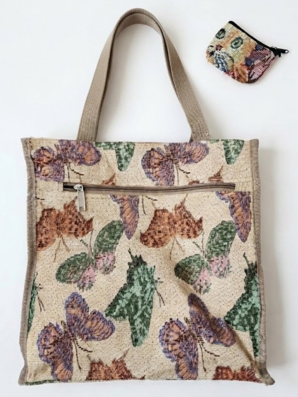 Vintage Butterfly Tapestry Tote Book Bag with Clip On Coin Purse